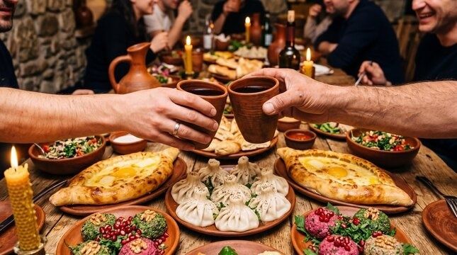Georgisk festbord med khachapuri, khinkali og skålede leirkrus